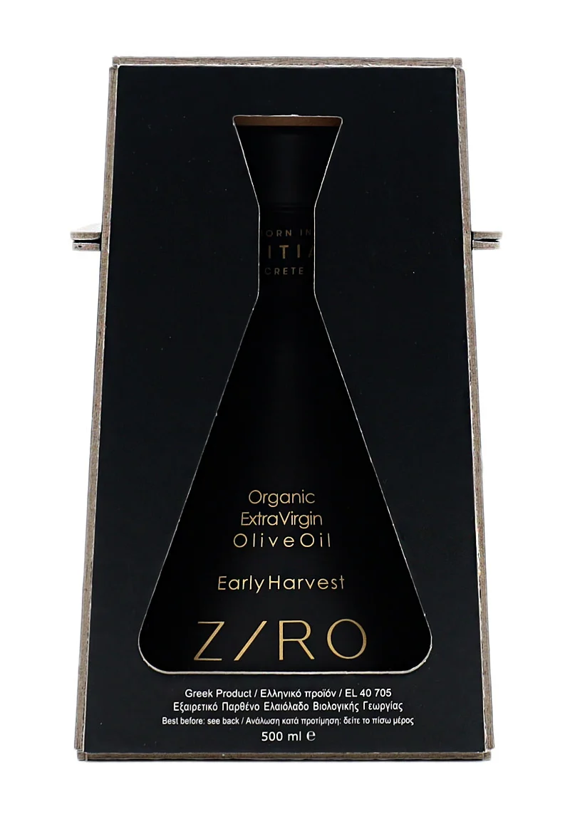 Ziro Organic EVOO - 500ml. An exquisite blend of organic olives from Sitia Geopark, Crete. Ideal for pasta, grilled meat, and salads. Embrace Cretan tradition with Ziro's ancestral conical bottle and Paleokastro disc-inspired cap."