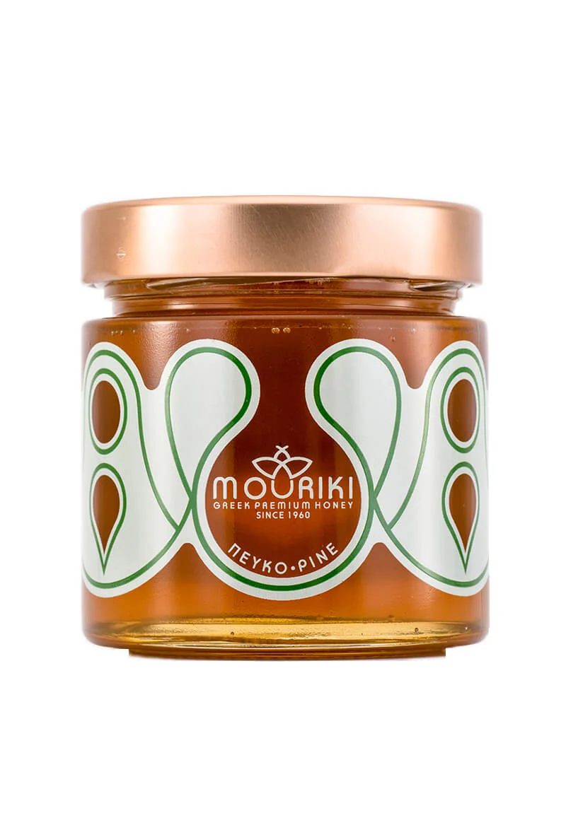Image of Mouriki Pine Honey jar 300g. Discover its nutritional benefits and long-lasting liquid form, low in natural glucose. Explore at P&D GROCERIES."