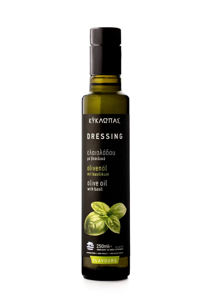 "Kyklopas Dressing 250ml - Basil-infused blend with Makri olives. Versatile for dips, pasta, pizza, salads, and sauces. Elevate your culinary experience."