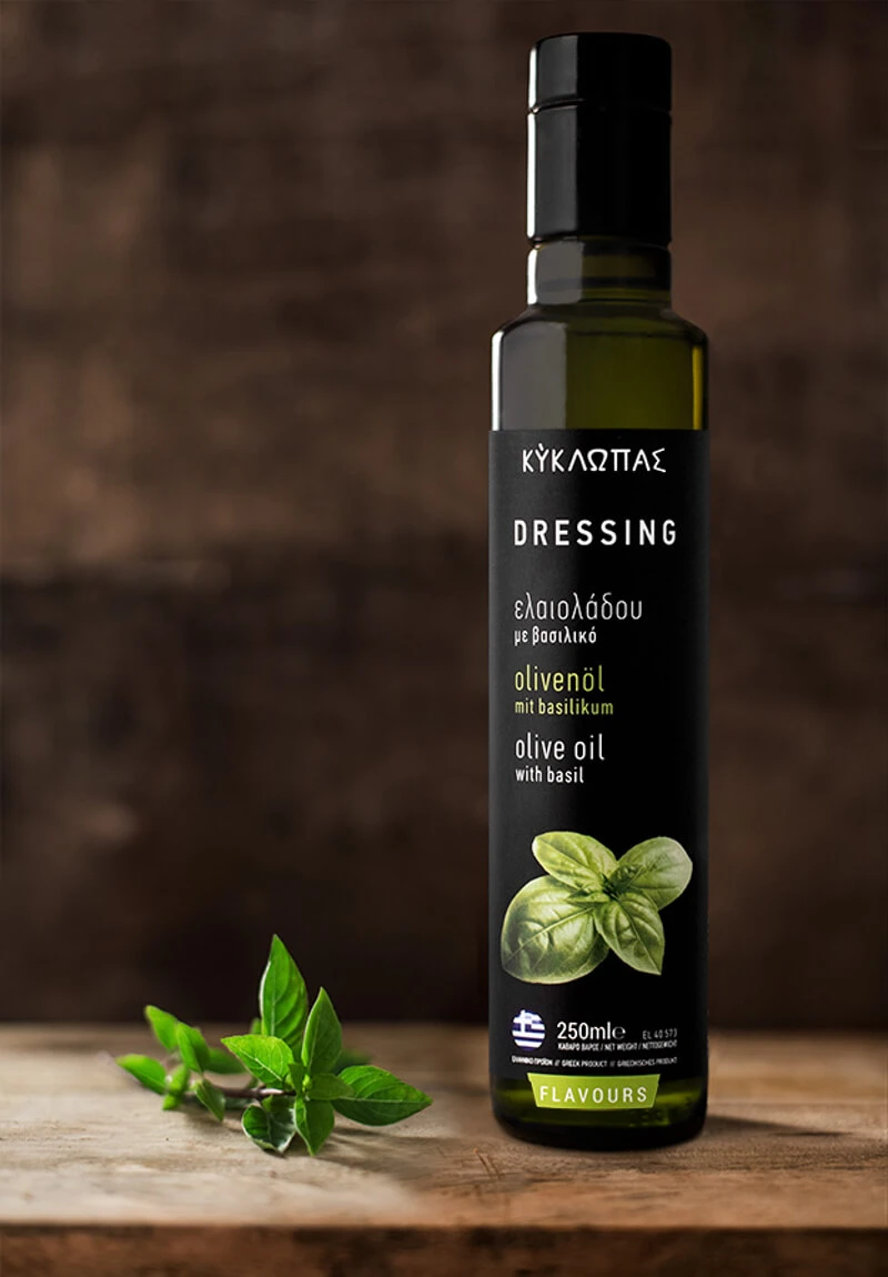 "Kyklopas Dressing 250ml - Basil-infused blend with Makri olives. Versatile for dips, pasta, pizza, salads, and sauces. Elevate your culinary experience."