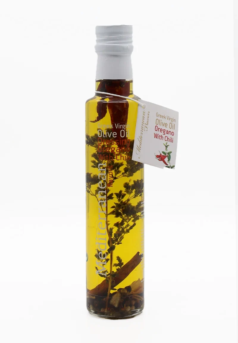 Bottle of Nature Blessed Mediterranean Flavors Oregano & Chilli Dressing with a blend of extra virgin olive oil, oregano, and chili.