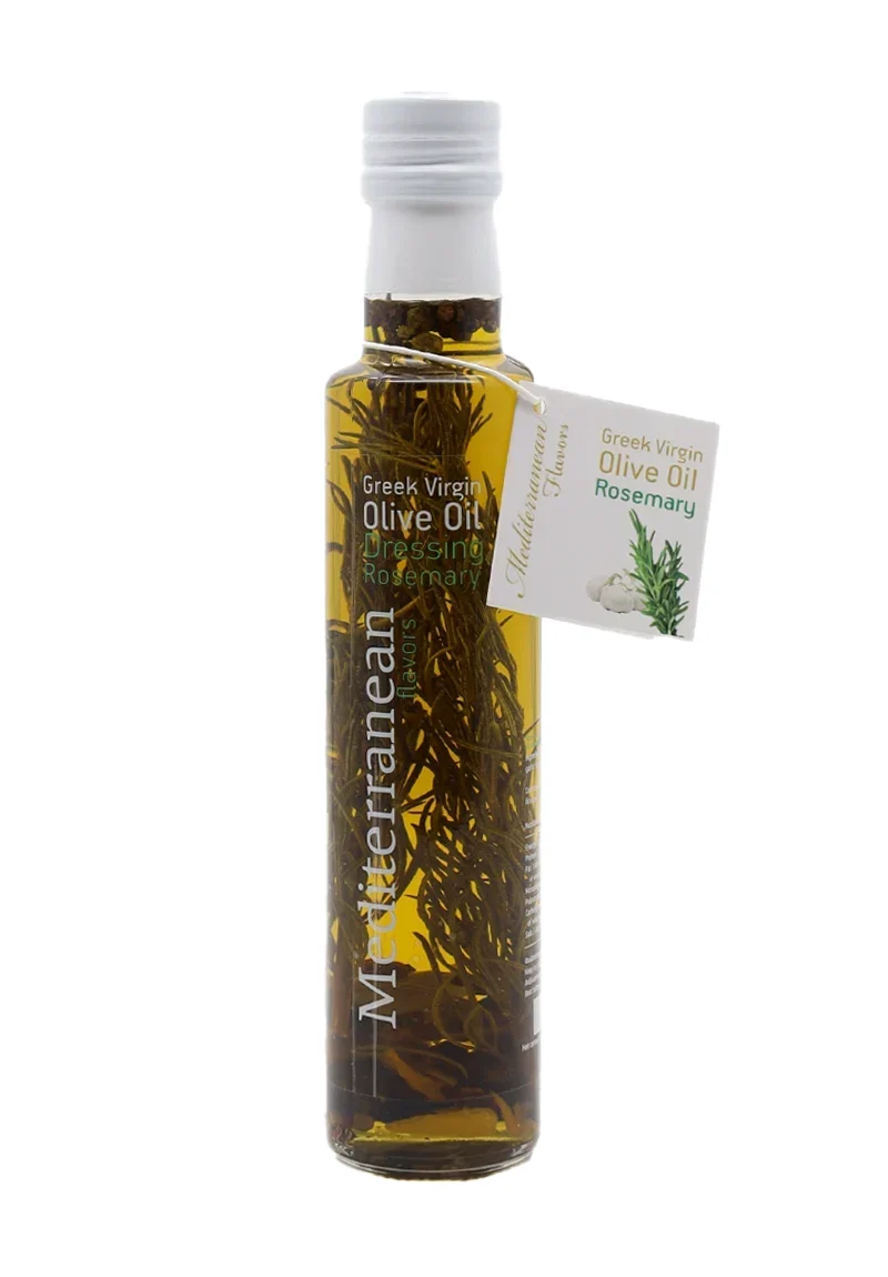 Flasche mit Nature Blessed Mediterranean Flavors Rosmarin-Dressing mit extra nativem Olivenöl und Rosmarinzweigen.