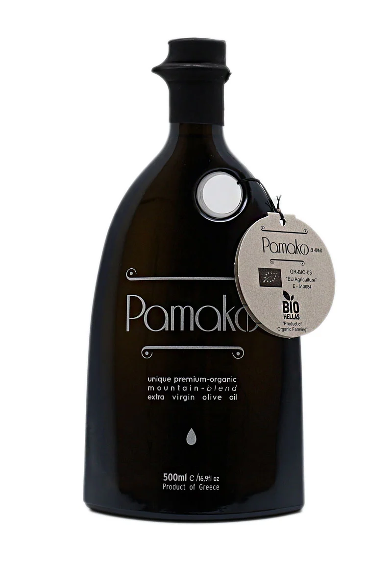 Pamako Blend Organic EVOO 500ml: Aromatic, award-winning blend with anti-inflammatory and cardioprotective benefits. From ancient Cretan olive groves.