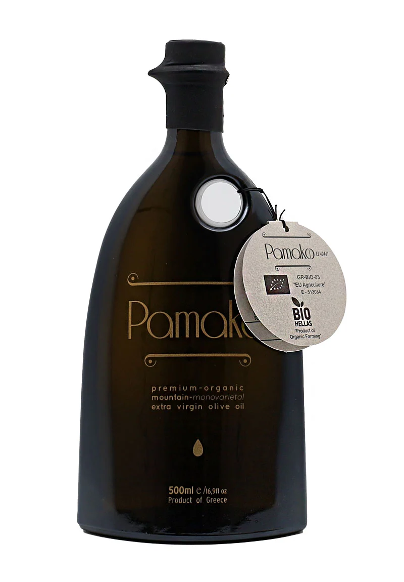 Pamako Monovarietal Organic Extra Virgin Olive Oil 500ml: Aged olive trees, rich in antioxidants. Pure taste from Crete's rugged mountains.
