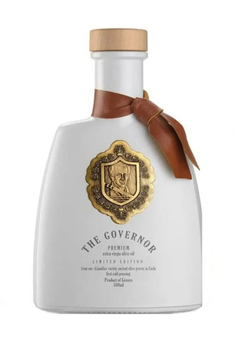 The Governor Limitierte Reserve Extra Natives Olivenöl 500ml-Hoher Phenolgehalt - weiße Flasche mit dem Bild von Ioannis Kapodistrias, dem ersten Gouverneur Griechenlands."