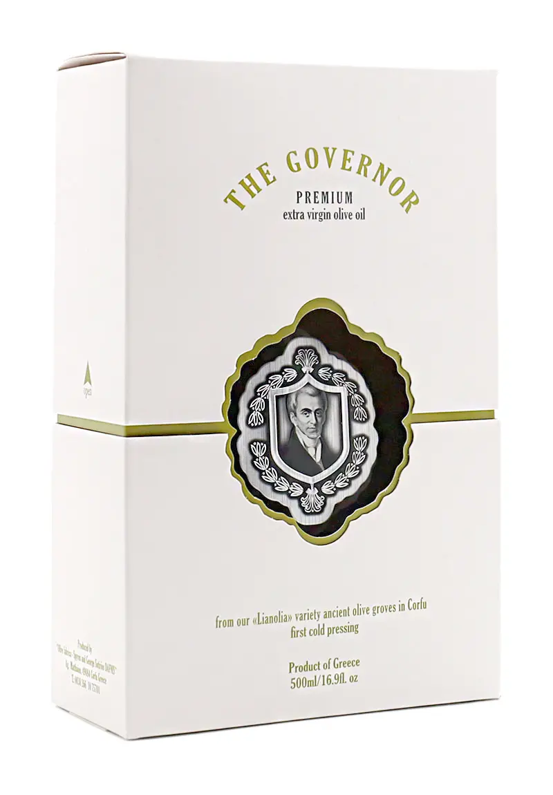 The Governor Premium Extra Virgin Olive Oil 500ml-First cold press unfiltered olive oil-transparent bottle with the image of Ioannis Kapodistrias the first governor of Greece