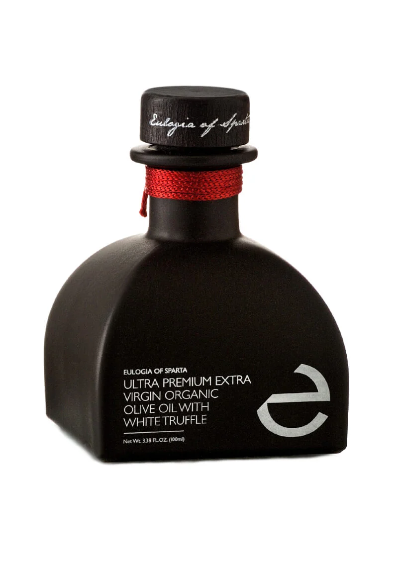 Bottle of Eulogia of Sparta Ultra Premium Organic Olive Oil with White Truffle, a luxurious blend of organic olive oil and the exquisite flavor of white truffle.