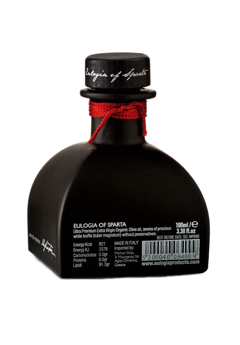 Bottle of Eulogia of Sparta Ultra Premium Organic Olive Oil with White Truffle, a luxurious blend of organic olive oil and the exquisite flavor of white truffle.