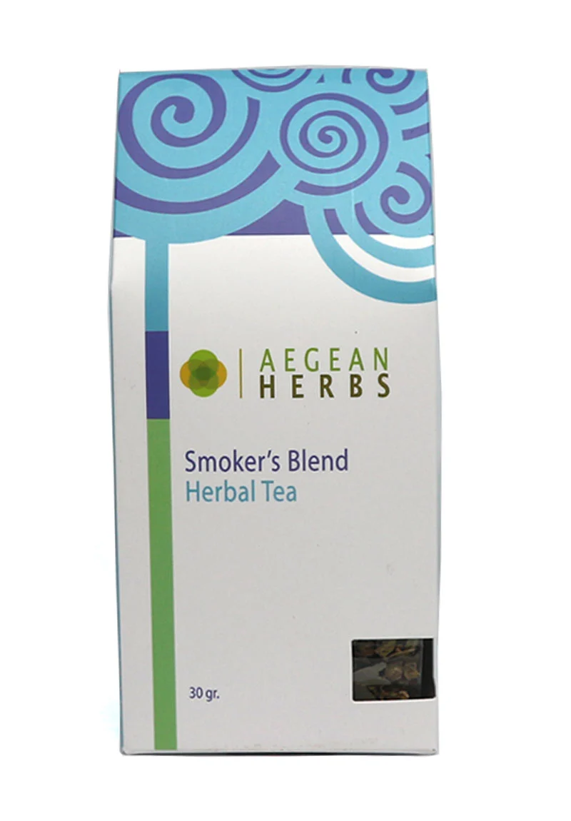 Aegean Herbs Smoker's Blend Herbal Tea: Herbal tea for respiratory relief with wild oregano, mallow, eucalyptus, and olive leaves.