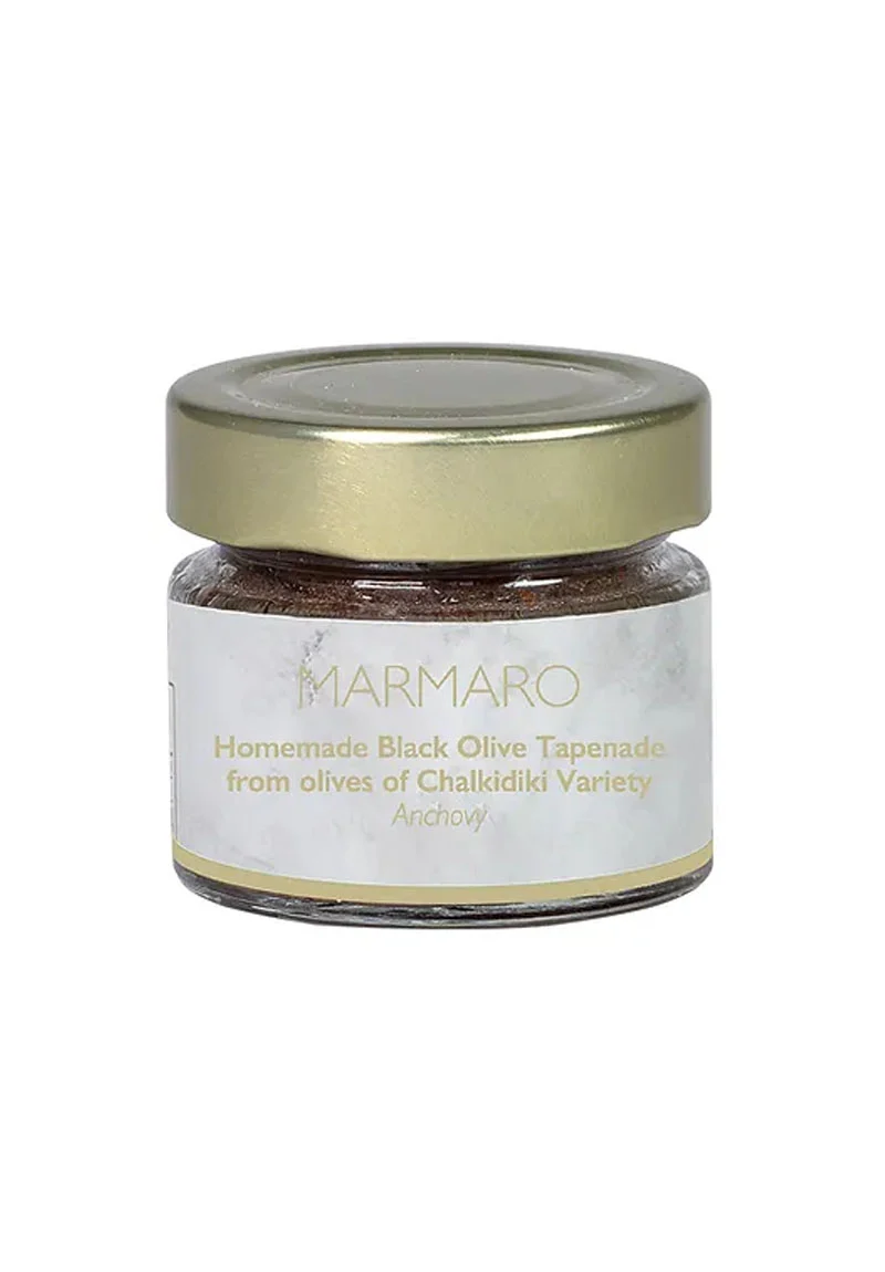 "Marmaro Black Olive Tapenade with Anchovy - Exquisite blend of velvety black olives and anchovies, a Mediterranean delight for culinary adventures."
