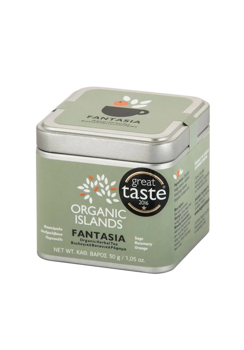 Bild von Organic Islands Fantasia-Loseblatttee in einem Behälter. Der Behälter ist mit einer Mischung aus getrockneten Salbeiblättern, Rosmarinblättern und Orangenschalen gefüllt.