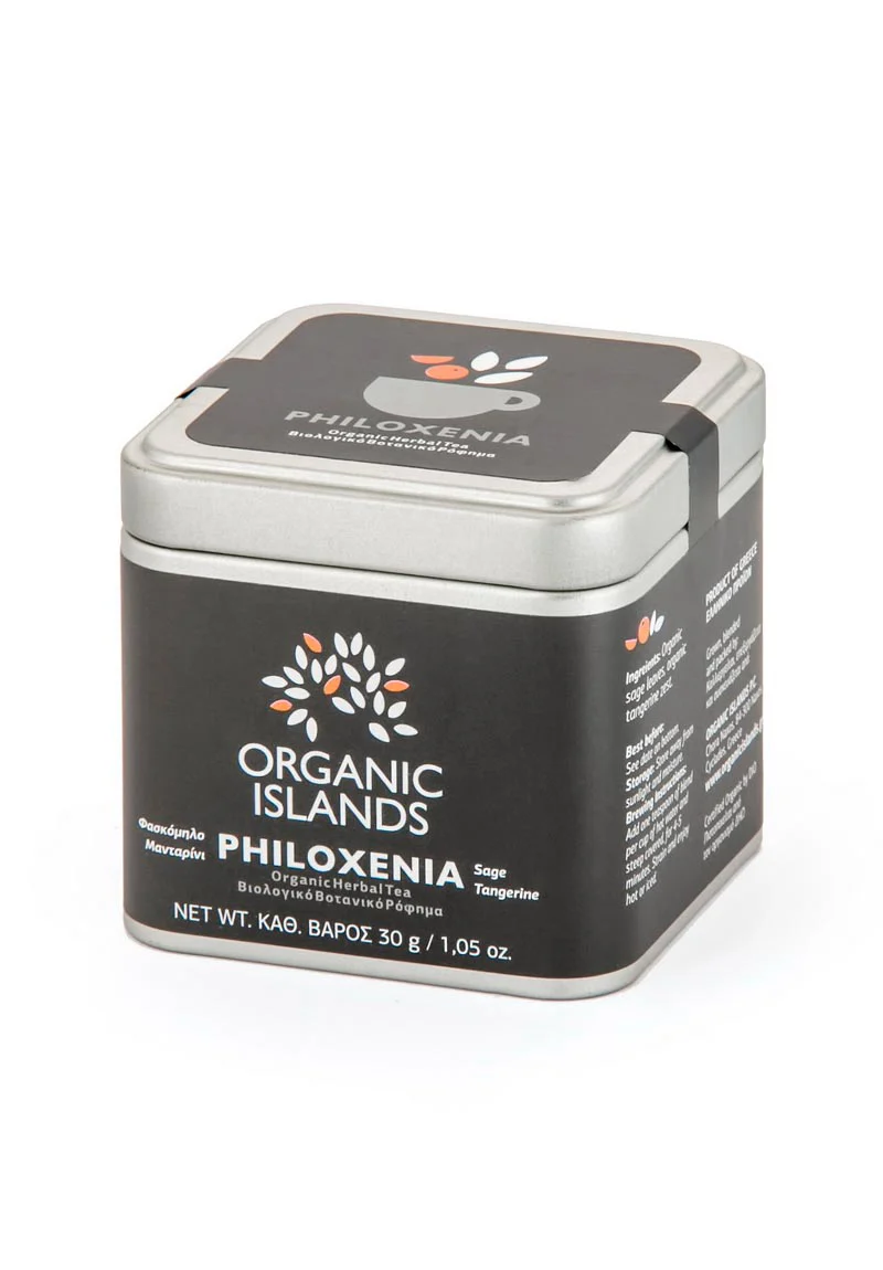 Image of Organic Islands Philoxenia loose leaf tea in a container. The container is filled with a mix of dried sage leaves