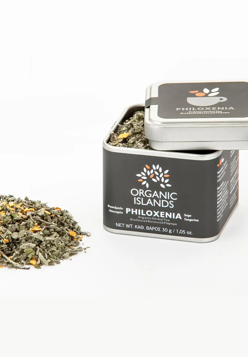 Image of Organic Islands Philoxenia loose leaf tea in a container. The container is filled with a mix of dried sage leaves