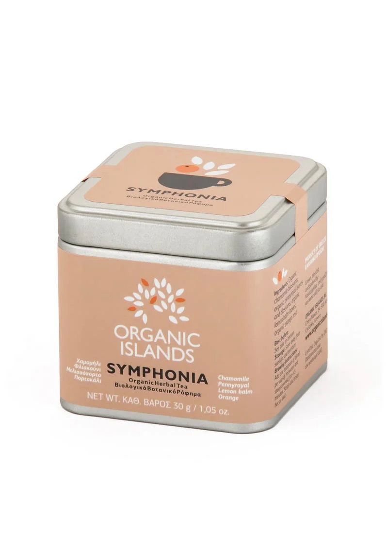 Image of Organic Islands Symphonia herbal tea blend (30g).The container is filled with a colorful mix of dried chamomile flowers, pennyroyal leaves and flowers, lemon balm leaves, and orange peel.