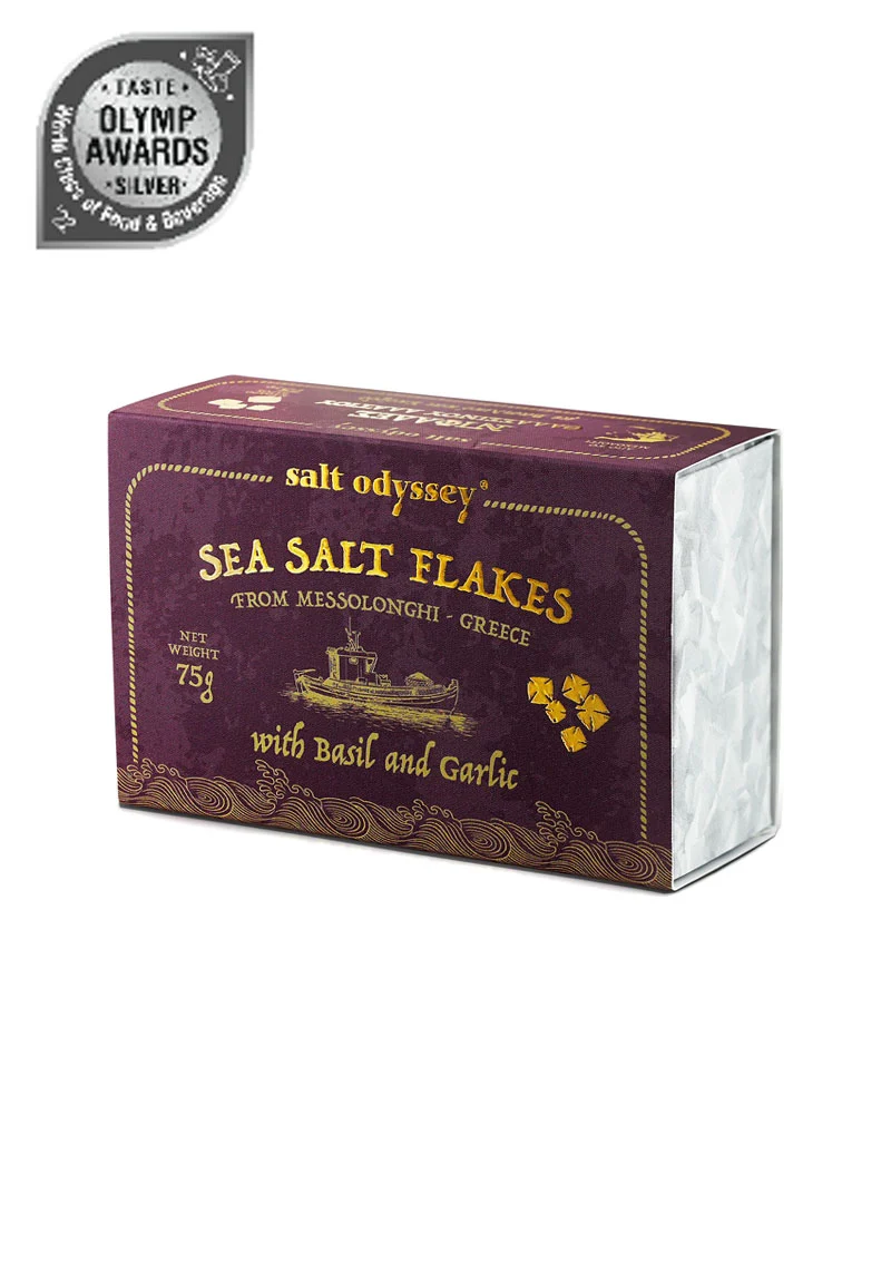 Salt Odyssey Sea Salt Flakes with Basil & Garlic - Gourmet Finishing Salt - 75g