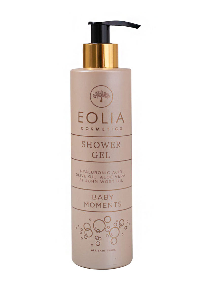 Eolia Natural Cosmetics Duschgel Baby Moments 250ml. Ein luxuriöses Duscherlebnis mit 96% natürlichen Inhaltsstoffen, darunter kaltgepresstes Olivenöl, Johanniskrautöl, Hyaluronsäure und Aloe Vera.