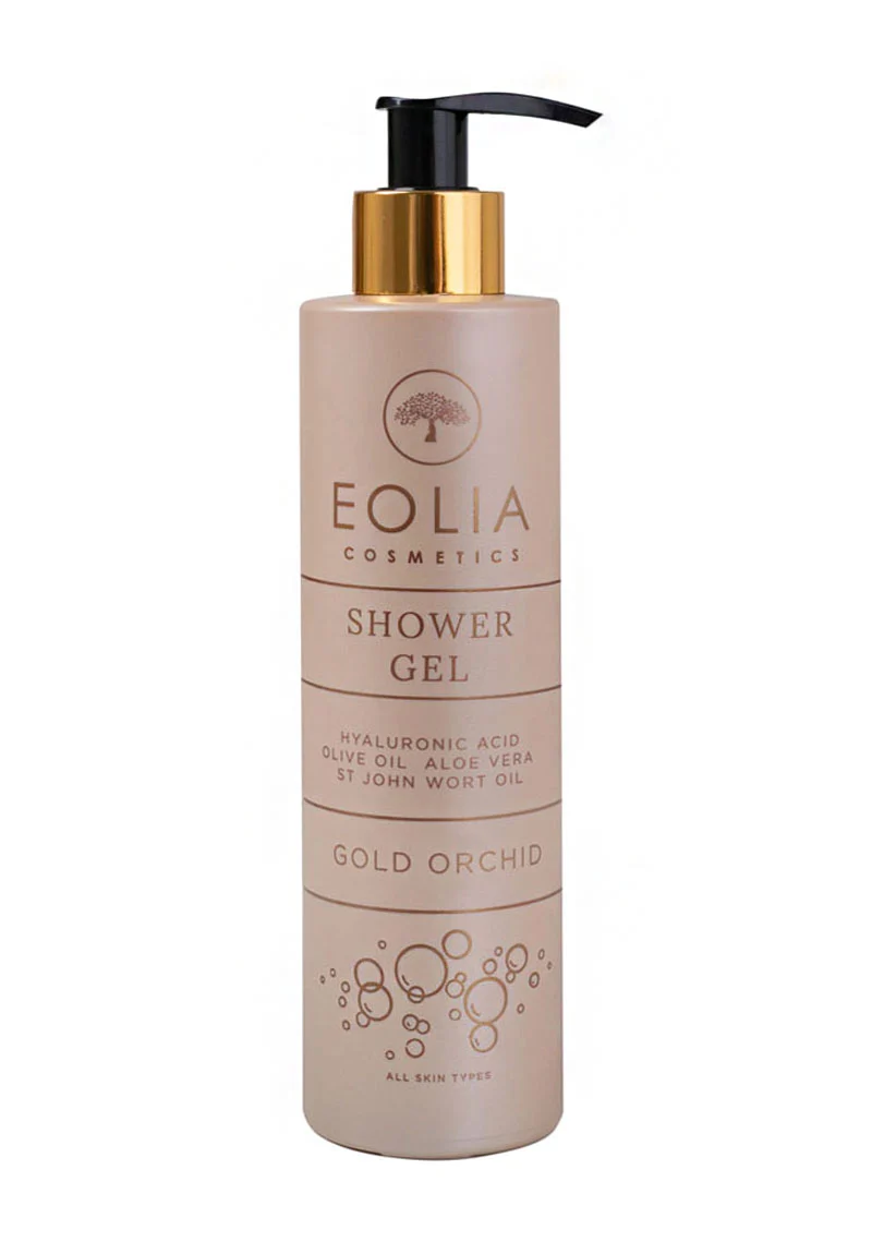Eolia Natural Cosmetics Shower Gel Gold Orchid 250 ml. A luxurious bathing experience with 96% natural ingredients, including Cold Pressed Olive Oil, St John Wort Oil, Hyaluronic Acid, and Aloe vera.