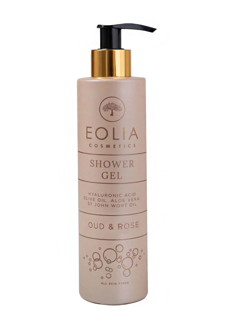 Eolia Natural Cosmetics Oud & Rose Shower Gel bottle with a rose and Oud wood illustration.