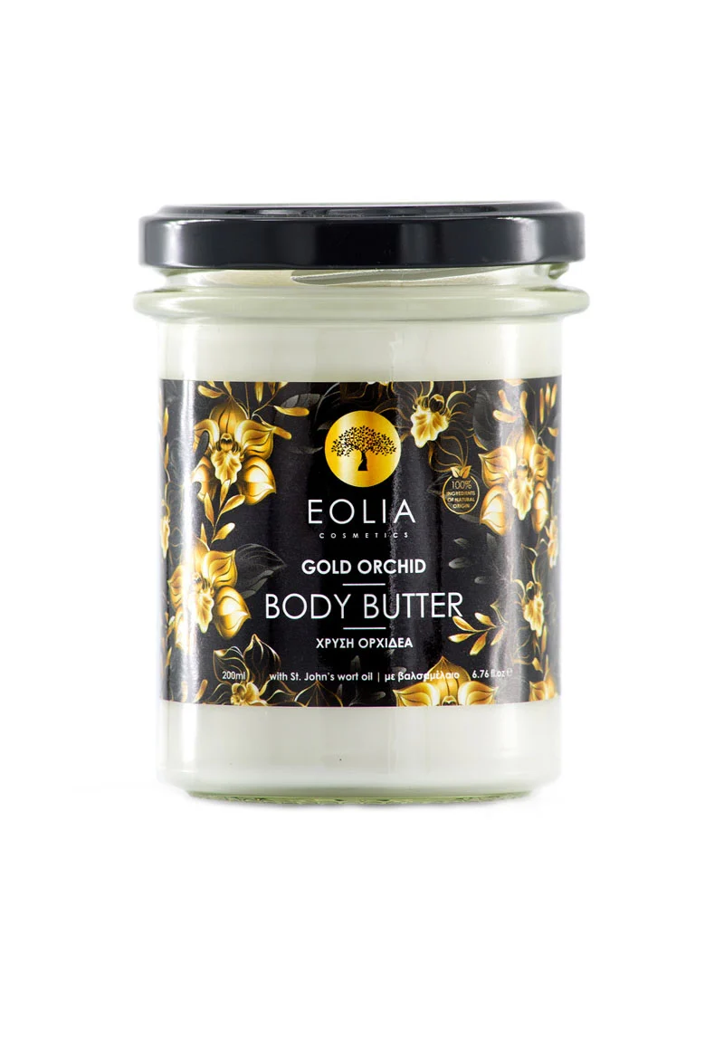 Eolia Natural Cosmetics Körperbutter Goldorchidee 200ml. Verwöhnen Sie Ihre Sinne mit samtiger Feuchtigkeit. Bio-Olivenöl, Johanniskrautöl, Honig und Bienenwachs nähren und pflegen Ihre Haut.