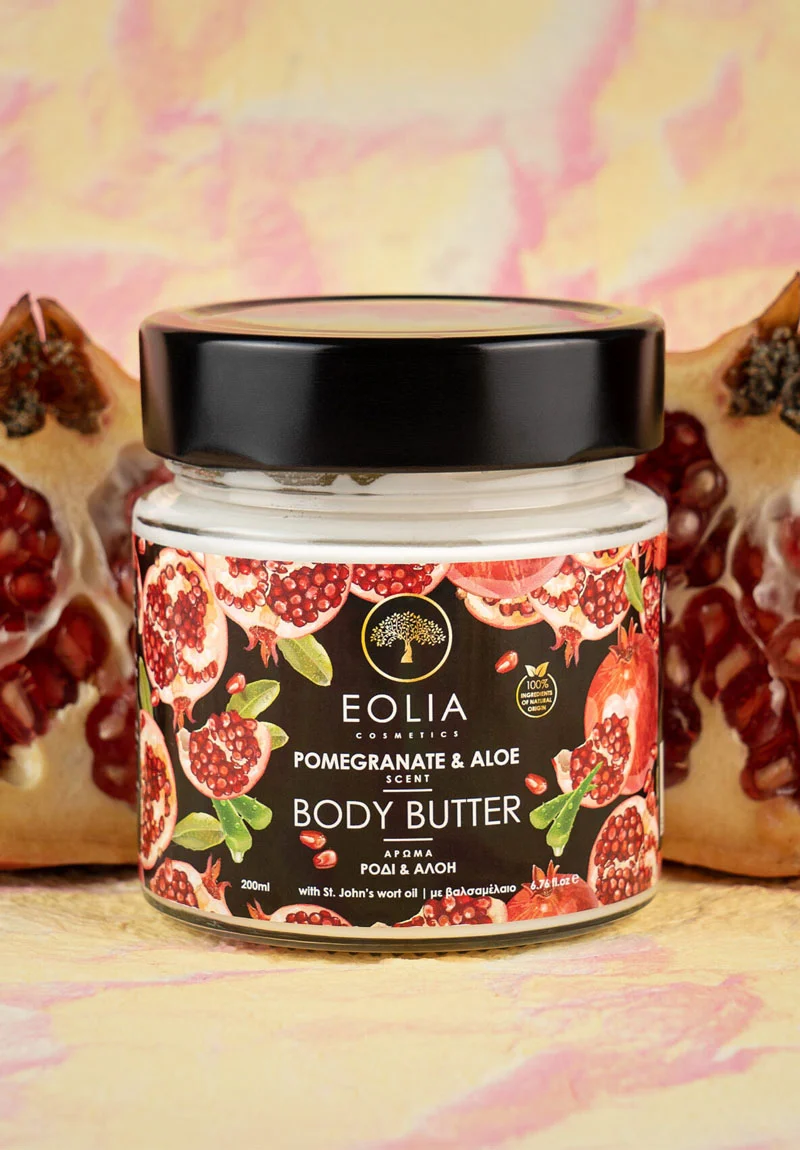 Eolia Natural Cosmetics Body Butter Pomegranate & Aloe Vera jar. The butter is made with natural ingredients and is suitable for all skin types.
