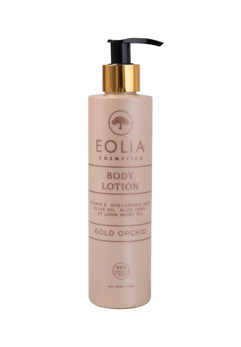 Eolia Natural Cosmetics Body Lotion Hyaluronic Acid Gold Orchid bottle 250ml. The lotion is advertised as deeply hydrating with hyaluronic acid, olive oil, aloe vera, and vitamin E. It has a gold orchid scent and is suitable for all skin types.
