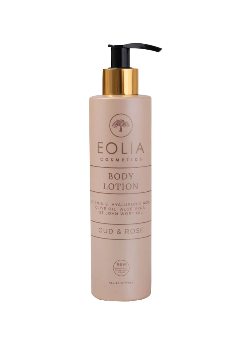 Eolia Natural Cosmetics Body Lotion Hyaluronic Acid Oud & Rose bottle 250ml. The lotion is advertised as deeply hydrating with hyaluronic acid, olive oil, aloe vera, and vitamin E. It has a rose and oud scent and is suitable for all skin types.