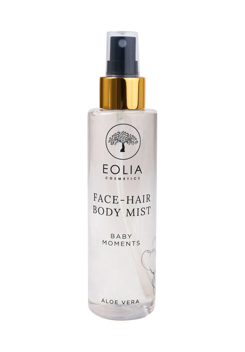 Eolia Natural Cosmetics Baby Moments Body Mist bottle150ml. The mist is advertised as hydrating for face, body, and hair. It has a baby powder scent and is enriched with aloe vera and hyaluronic acid.