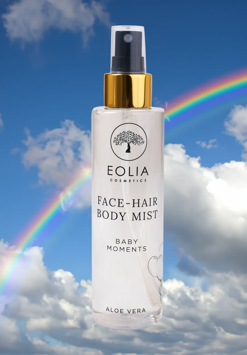 Eolia Natural Cosmetics Baby Moments Body Mist bottle150ml. The mist is advertised as hydrating for face, body, and hair. It has a baby powder scent and is enriched with aloe vera and hyaluronic acid.