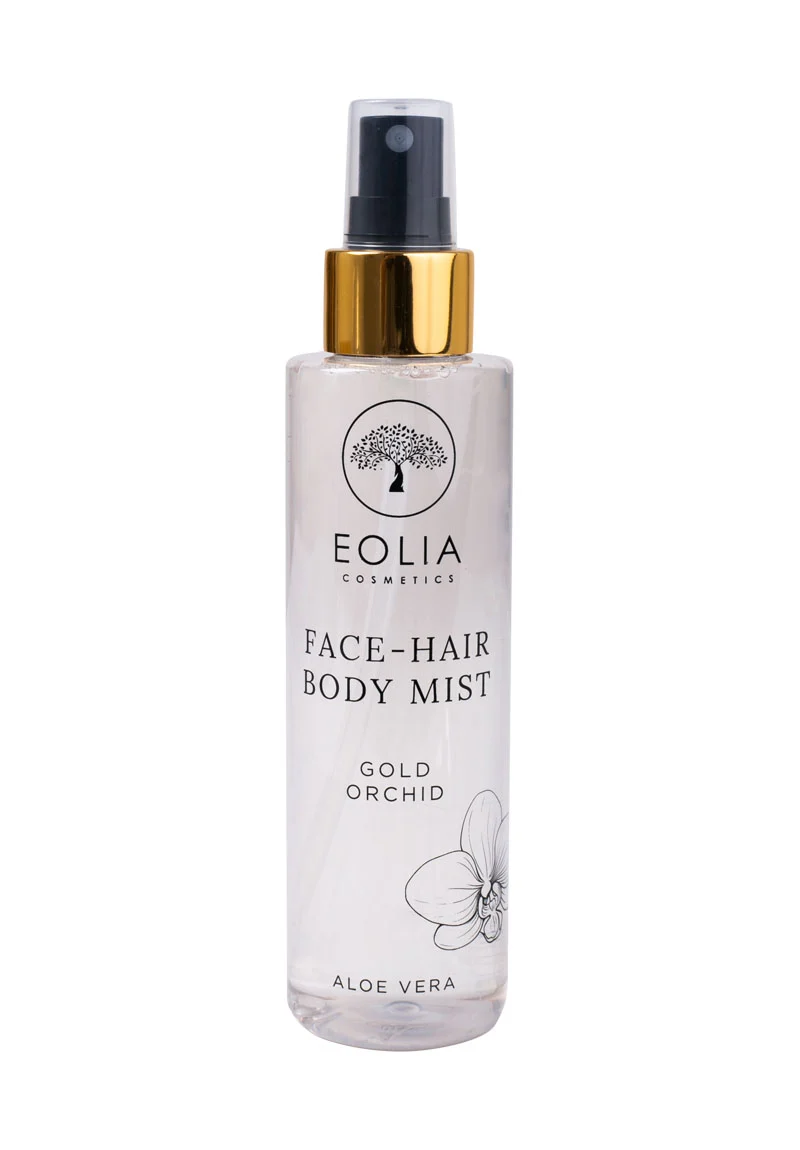 Eolia Natural Cosmetics Körper Mist Goldorchidee 150ml. Das Body Mist wird als Feuchtigkeitspflege für Gesicht, Körper und Haar beworben. Es hat einen Duft nach orientalischer Blume und ist mit Aloe Vera und Hyaluronsäure angereichert.