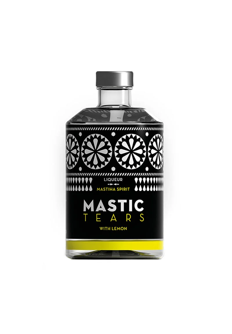 Eine Flasche Eva-Distillery Liqueur Mastic Tears mit Zitrone