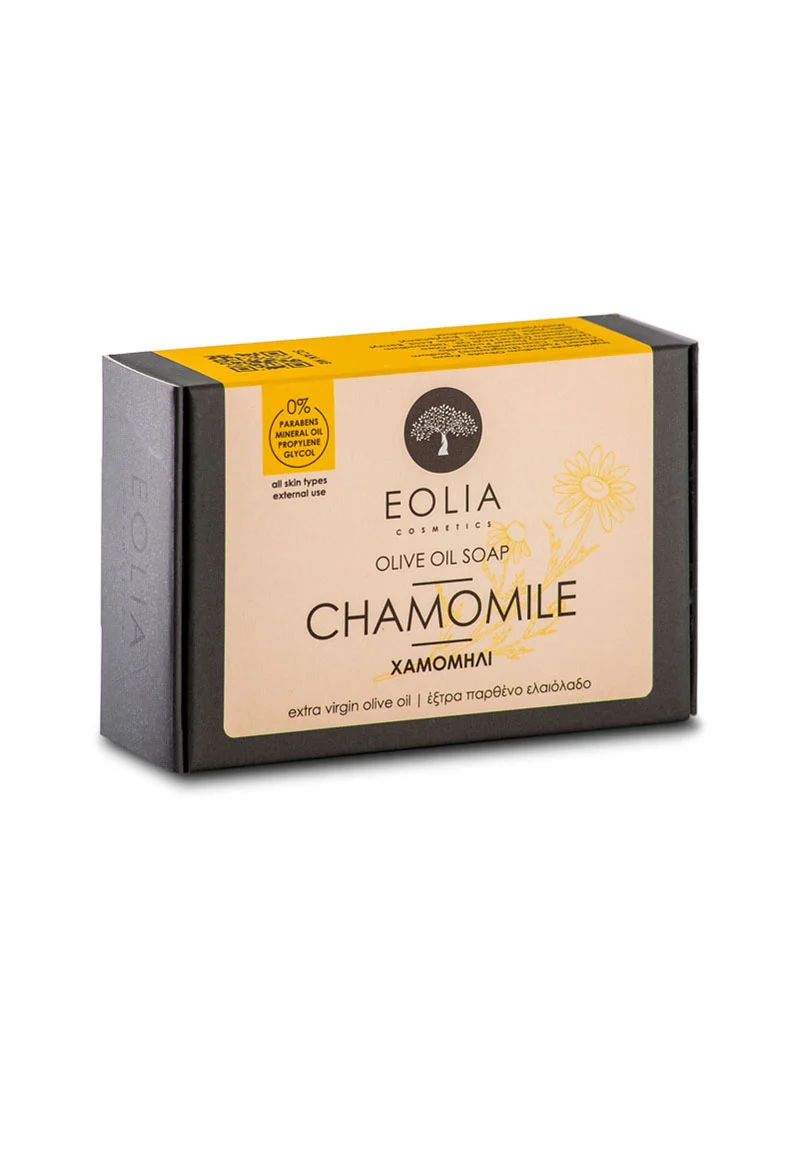 Eolia Natural Cosmetics Olive Oil Soap Chamomile 100g. A natural and nourishing soap for face, body, and hair.