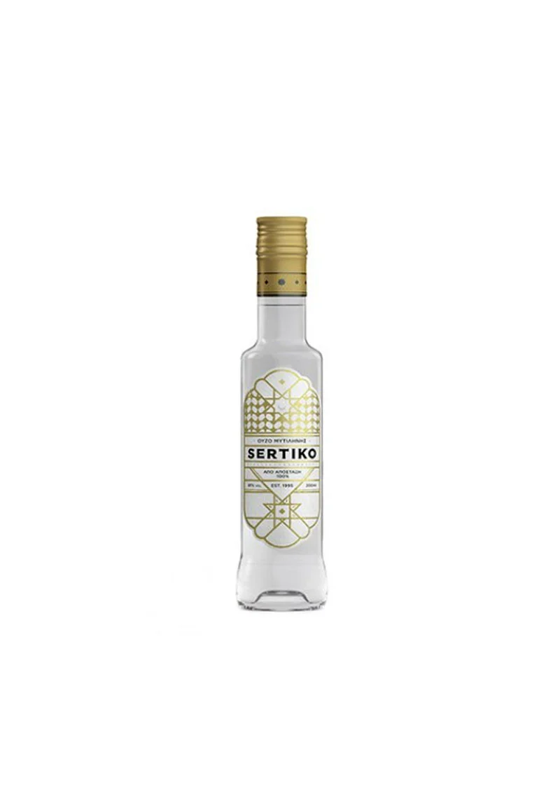 SERTIKO Ouzo Bottle: A translucent bottle featuring a blend of Ottoman and Byzantine motifs in gold, showcasing SERTIKO ouzo's premium quality and inspiration from historical eras.