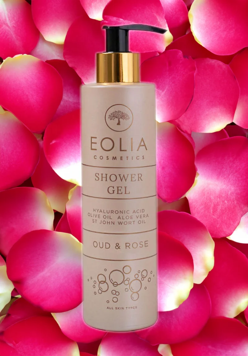 Eolia Natural Cosmetics Oud & Rose Shower Gel bottle with a rose and Oud wood illustration.
