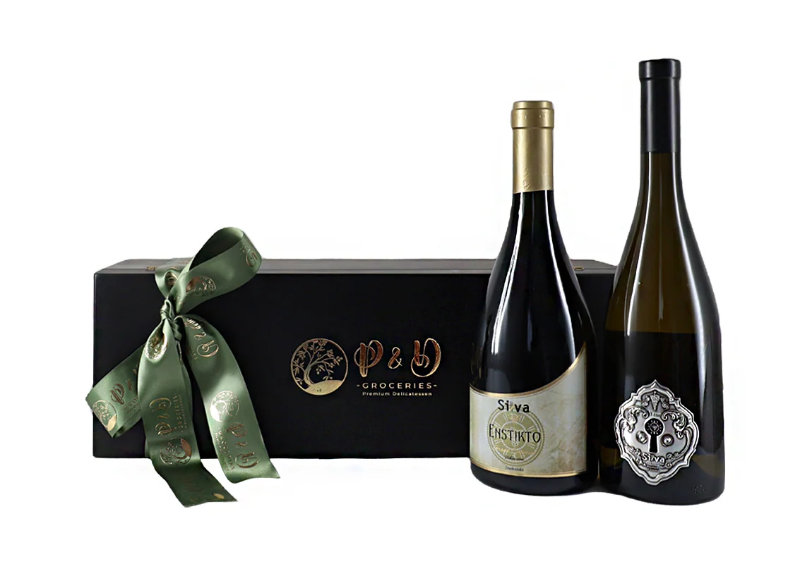 "Silva Wine Selection: Enstikto and Sera White Wines in a stylish black wooden box."