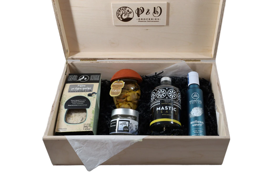 "Sunset in Santorini" wooden box with premium Greek delicacies - olive oil, Mastic Tears liqueur, truffle risotto, porcini mushrooms, and Fleur de Sel sea salt. A stylish and eco-friendly gift.