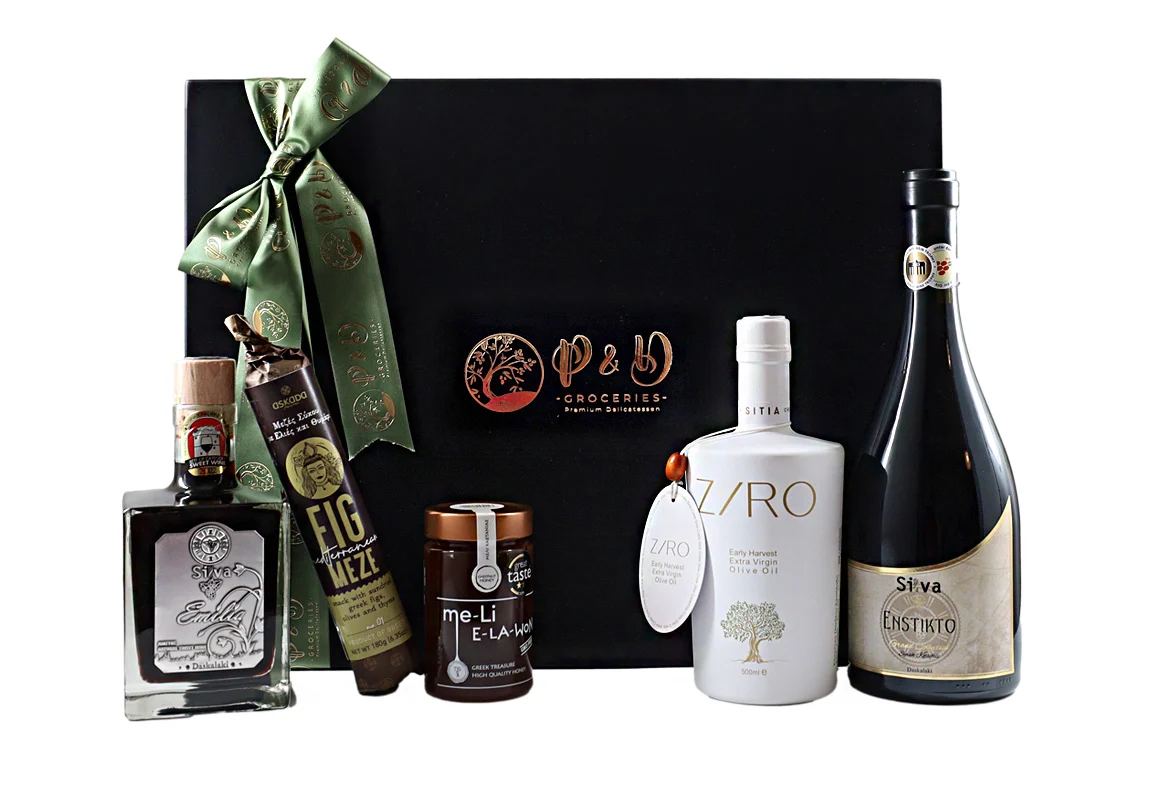 "Luxury VIP gift box with wines, olive oil, and gourmet treats - perfect for special occasions."